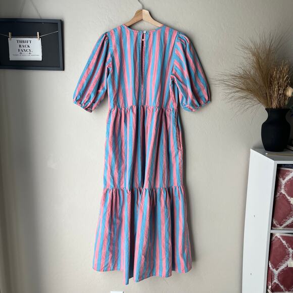 SZ Blockprints Gaia Pink Blue Striped Puff Sleeve Tiered Maxi Dress Size Small - Picture 7 of 11
